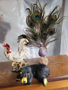 lot 28 image: Animal Menagerie- Peacock, Bear, and Rooster Sculptures