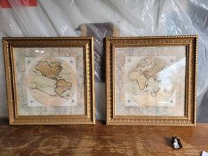 lot 31 image: Two Beautiful Word Map Prints in Gold Baroque Frames -15 x 15