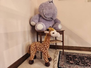 lot 120 image: Large stuffed Giraffe & Purple Hippopotamus