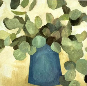 lot 59 image: Greenery Still Life Print of Eucalyptus in a Blue Vase, Framed in a Shiny Silver Wood Frame