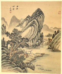 lot 73 image: Large Midcentury Asian Landscape Painting on Silk in Gold Gilt Bamboo Frame
