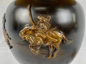 lot 77 image: Vintage Japanese Painted & Gilded Copper Lamp with Warrior on Horse Motif on Wood Base