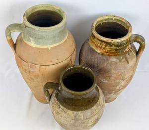 lot 112 image: 3 Vintage Turkish Terracotta Glazed Olive Oil Jars