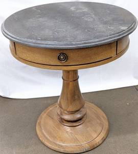 lot 17A image: Arhaus Luca Wood Side Table w Hand-carved Bluestone Top- 26-Inch