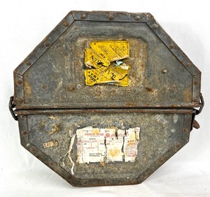 lot 122 image: Vintage Industrial Moving Picture Film Reel Transport CaseAddressed To Uptown Theatre Minneapolis - 1957