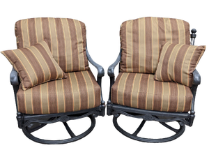 lot 12 image: Two Wrought Iron Style Swivel Rocker Patio Chairs with Striped Cushions