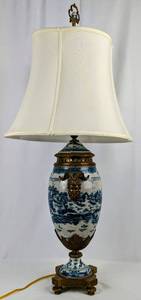lot 153 image: Vintage Castilian Porcelain & Bronze Blue and White Urn Table Lamp #1