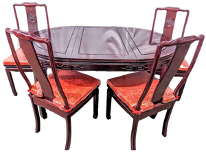 lot 40 image: Vintage Solid ROSEWOOD Oval-to-Round Dining Table & 4 Chairs w Original Silk Upholstered Cushions -Glass Topper & 1 Leaf