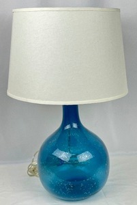 lot 42 image: Pottery Barn Eva Blue Glass Table Lamp with Ivory Shade