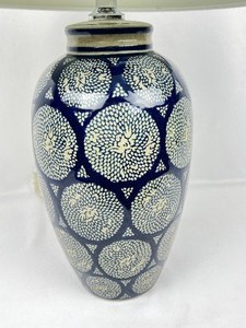 lot 43 image: Pottery Barn Langley Blue Ceramic Patterned Lamp with White Shade