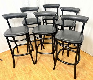 lot 44 image: Six Pottery Barn Lucas Black Barstools with Leather Seats and Nailheads