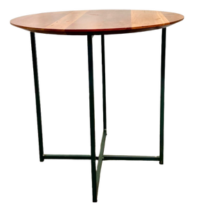 lot 45 image: Mid Century Round Wood End Table with Black Iron Legs