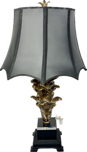 lot 46 image: Hollywood Regency Gold Acanthus Leaf Table Lamp On Black & Lucite Base