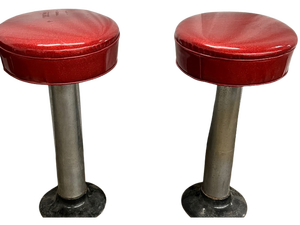 lot 97 image: Set of 4 Retro Industrial Stools w Red Glitter Vinyl Seats