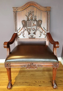 lot 105 image: Maitland-Smith Hand Carved Mahogany Arm Chair w Leather Seat & Brass Studs- English Crest Motif