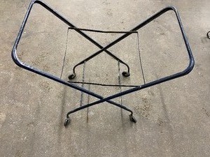 lot 142 image: Vintage Industrial Metal Waste Basket, Wheeled Folding Rack & Folding Wire Basket