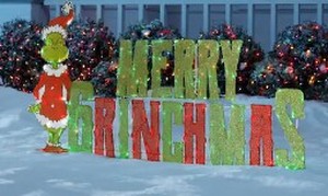 lot 819 image: Home Accents Light Merry Grinchmas Sign with Grinch Yard Sculpture, 1006191086 - SOLD AS IS