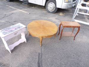 lot 10 image: Sturdy Round Coffee Table along with a cool refurbished Bench and Vintage Side table