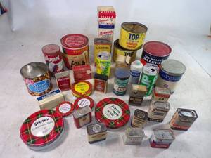 lot 42 image: Mixed Lot of Assorted Tins and Others including Tops Tobacco, Schilling Allspice, Calumet Baking Powder and More