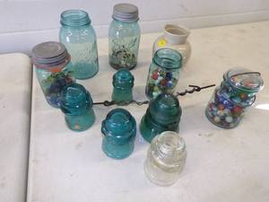 lot 44 image: Lot of Jars with Marbles, Keys, Tobacco Crock, & Insulators