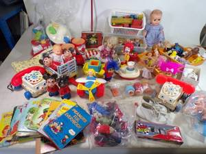 lot 45 image: Mixed Lot of Vintage Toys including Vintage Wood Blocks Fisher Price Phone Dolls Accessories and Much Much More