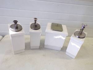 lot 46 image: Set of 4 Vintage Porcelain Soda Fountain Ice Cream Topping Canisters