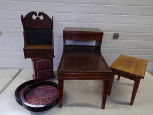lot 62 image: Vintage Wood End Table Vintage Chalkboard Shelf with Drawers and More