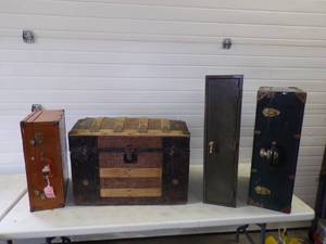 lot 106 image: Vintage Humpback Wooden Trunk with Metal Travel Case Suitcase and Military Green Metal Cabinet