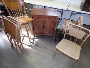 lot 108 image: Lot of RARE Vintage Unique Folding Chairs For Repurpose or Just as cool as is, Side Table, Wooden Stool, and Cool Wood Side Storage Table or Cabinet