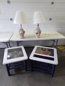 lot 110 image: Lot of 2 Repurposed Lake Themed Cabin or Home Side Tables with 2 Seashell Lamps Rescued from Sanibel Island