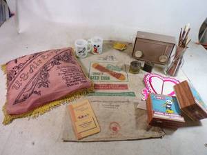 lot 118 image: Vintage Lot of Misc Items Dekalb Seed Bag, Military Wifes Pillow Vintage Radio and More