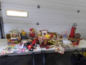 lot 121 image: GIANT Lot of Various Items, Vintage Games, Toys, Boy Scouts Uniform, Corona Beer Pail, Light Fixtures and Oh SO MUCH MORE