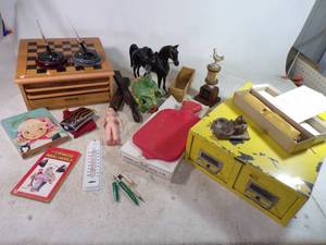 lot 122 image: Lot of Misc Vintage Items Fountain Pens with Holders Vintage Hot Water Bottle with Original Box, Metal File Cabinet, Wooden Model Train Never Assembled and Much More