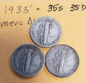 GROUP OF 3 US MERCURY DIMES 1935 P-D-S