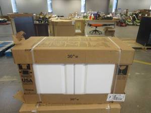 lot 541 image: Hampton Bay Hampton Satin White Raised Panel Stock Assembled Wall Bridge Kitchen Cabinet (30 in. x 18 in. x 12 in.) (IN BOX)