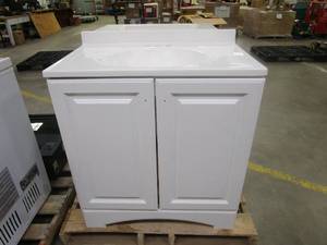 lot 595 image: Glacier Bay 30.50 in. W Bath Vanity in White with Cultured Marble Vanity Top in White with White Basin (NICE CONDITION)