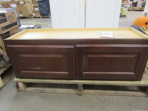 lot 597 image: Hampton Bay Hampton Assembled 36x12x12 in. Wall Bridge Kitchen Cabinet in Cognac (NICE CONDITION)