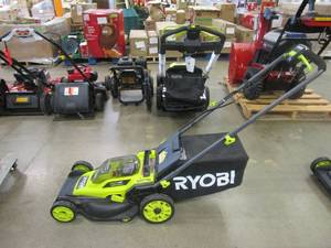 lot 652 image: RYOBI ONE HP 18V Brushless 16 in. Cordless Battery Walk Behind Push Lawn Mower with (1) 4.0 Ah Battery and (1) Charger (NICE CONDITION)