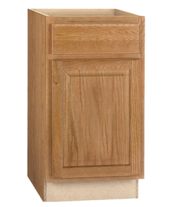 lot 500 image: Hampton Bay Hampton Medium Oak Raised Panel Stock Assembled Base Kitchen Cabinet with Drawer Glides (18 in. x 34.5 in. x 24 in.) (IN BOX)