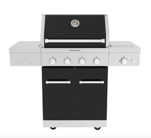 lot 633 image: Kitchen Aid 4-Burner Propane Gas Grill with Searing Side Burner in Black (OPEN BOX)
