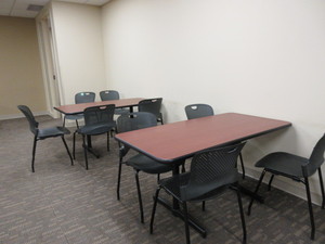 lot 132 image: TABLES AND HJERMAN MILLER STACKING CHAIRS FOR LUNCHROOM OR CONFERENCE ROOM
