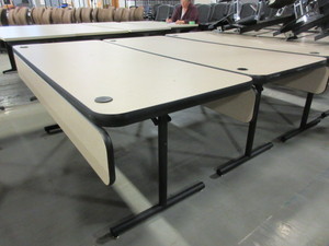 lot 322 image: FALCON FOLD UP WORK TABLES WITH FLIP DOWN MODESTY PANELS AND CORD MANAGEMENT