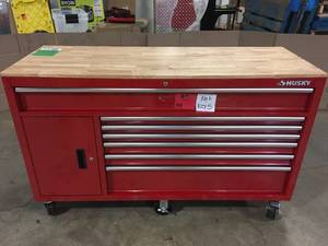 Husky 61 in. W x 22.1 in D Standard Duty 7-Drawer 1-Door Mobile Workbench Tool Chest with Solid Wood Top in Gloss Red review pictures