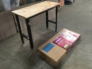 Husky 4 ft. Solid Wood Top Workbench in Black (295) damage leg review pictures