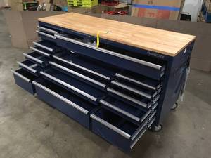Husky 72 in. W x 24 in. D Heavy Duty 18-Drawer Mobile Workbench with wood top damage drawer review pictures customer return