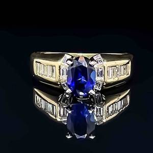 18k Yellow Gold Ring w. Blue Sapphire & High Quality VS Baguette Diamonds, $3380 Retail VIDEO