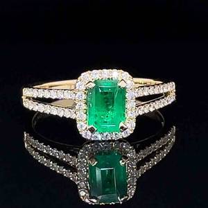 Brand New 0.33ctw Emerald & Diamond Split Shoulder Halo French Pave Ring in 14k Yellow Gold $2650 Retail VIDEO