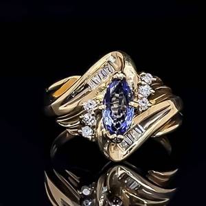 Natural Tanzanite & Diamond Baguette & Round Brilliant Chevron Cluster Cocktail Ring in 14k Yellow Gold $2550 Retail