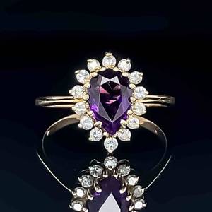 Amethyst & Diamond Pear Raindrop Cluster Halo Cocktail Ring in 14k Yellow Gold $1750 Retail