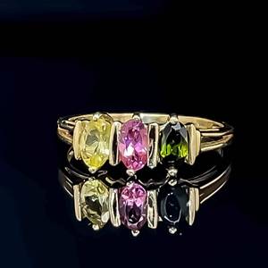 Natural Yellow, Pink, and Green Tourmaline 3-Stone Triple Cluster Ring in 14k Yellow Gold
